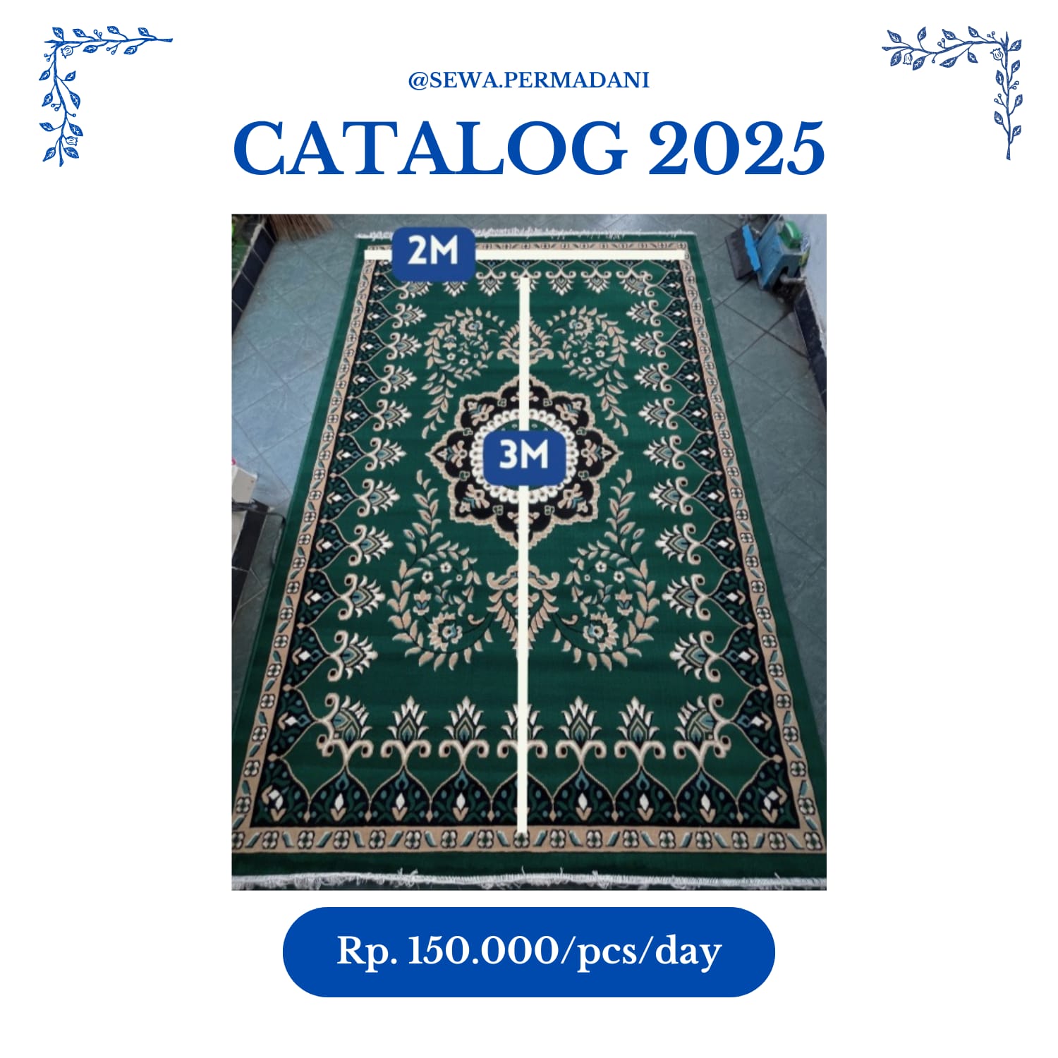 Karpet permadani hijau bermotif berukuran 2 × 3 meter